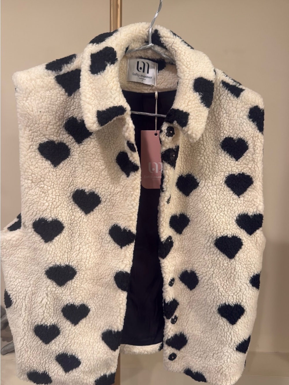 Lofty Manner Cream Sherpa Vest with Black Heart Print